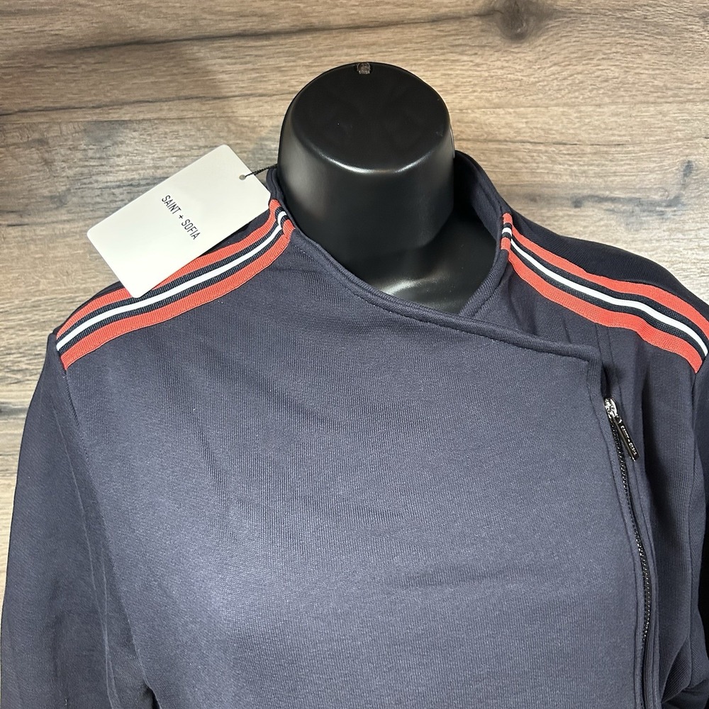 NEW Saint + Sofia Women's Cotton Biker Jacket - Navy/Red Stripe Size 12 - Picture 2 of 8
